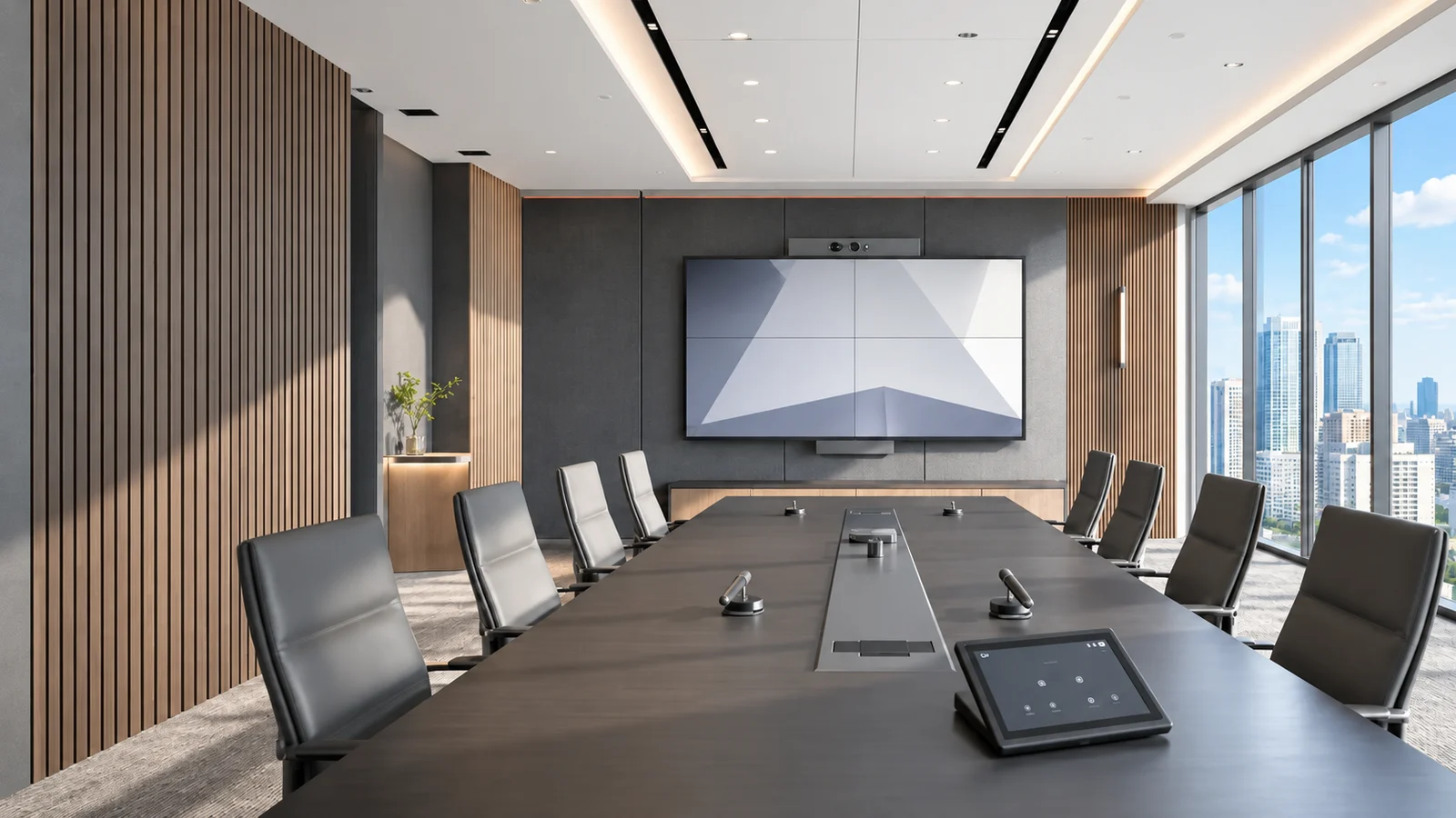 LINEONE intelligent meeting space with professional display, conference table, and control devices